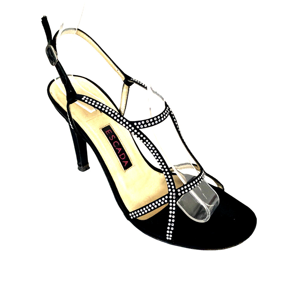 Escada Embellished Strappy Sandal Black Open Toe Satin Crystal Slim Heel 36.5